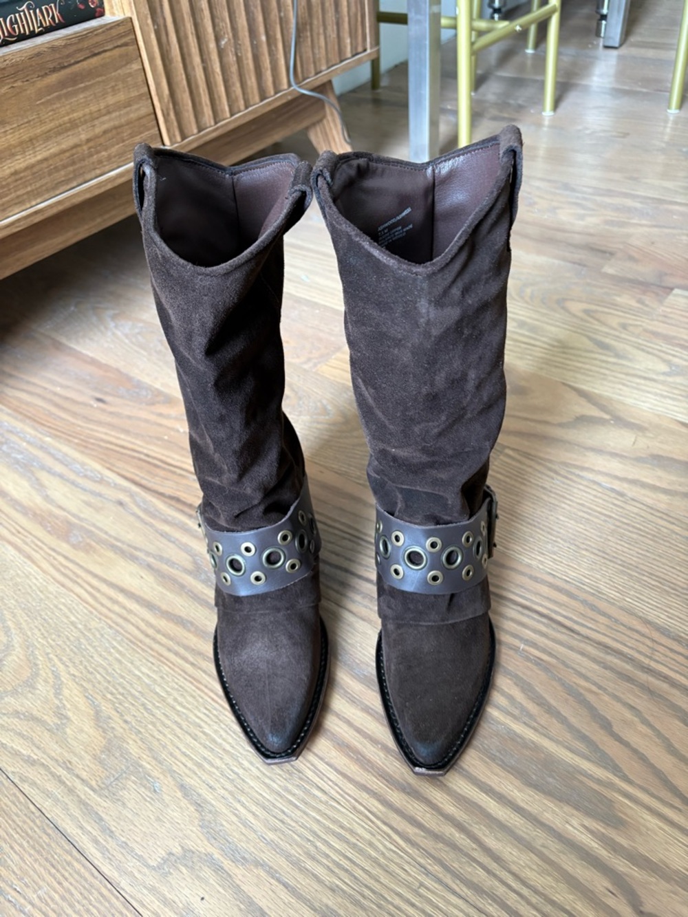 Steve Madden Ashwood Brown Suede Mid-Calf Boots with Grommet Strap